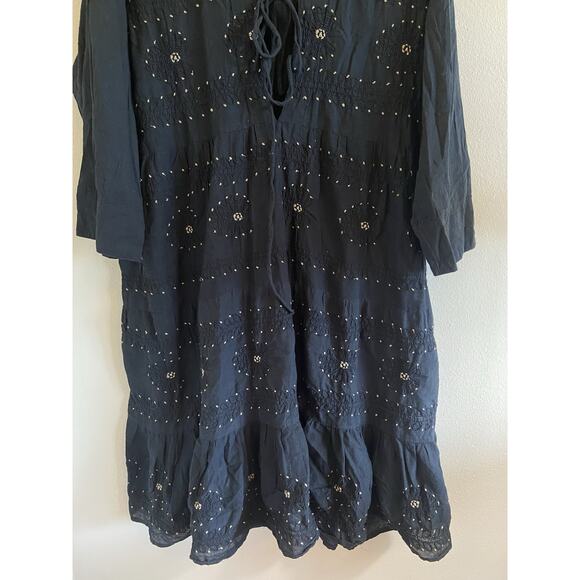 Shade Amour Black Embroidered Floral Vneck Tie Front Cotton Dress Boho Large - Picture 3 of 9